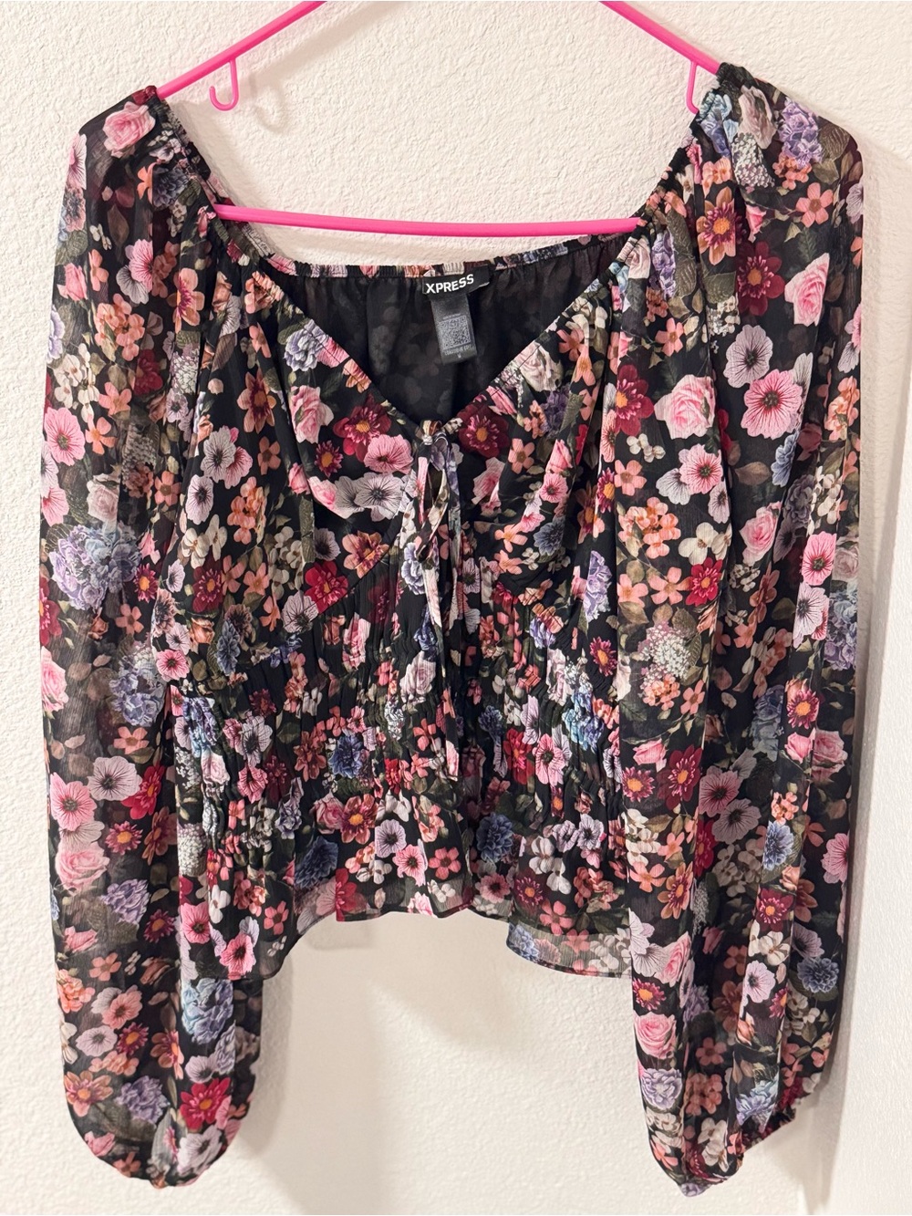 Express Black Floral Peasant Blouse - Pink, Purple & Green Bouquet